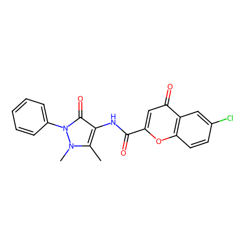 6-chloro-N-(1,5-dimethyl-3-oxo-2-phenyl-2,3-dihydro-1H-pyrazol-4-yl)-4-oxo-4H-chromene-2-carboxamide structure