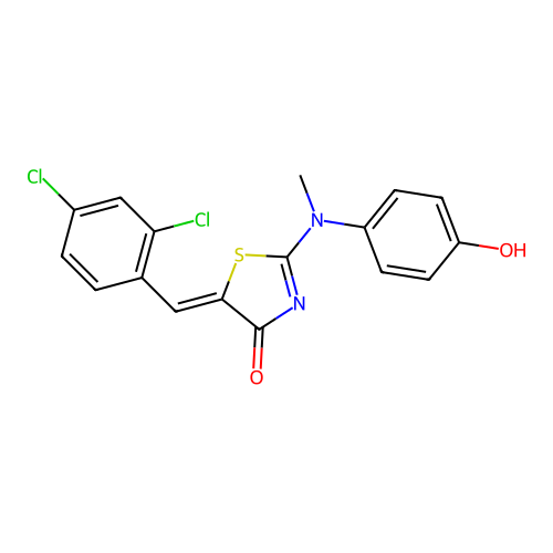 (5Z)-5-(2,4-dichlorobenzylidene)-2-[(4-hydroxyphenyl)(methyl)amino]-1,3-thiazol-4(5H)-one structure