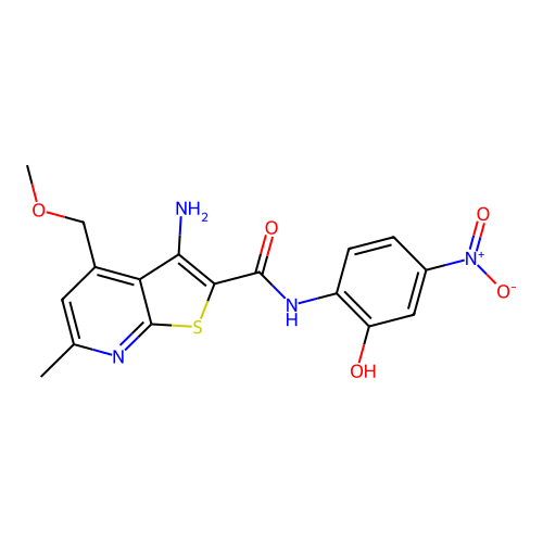 3-amino-N-(2-hydroxy-4-nitrophenyl)-4-(methoxymethyl)-6-methylthieno[2,3-b]pyridine-2-carboxamide structure