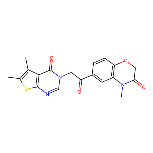 6-[2-(5,6-dimethyl-4-oxothieno[2,3-d]pyrimidin-3-yl)acetyl]-4-methyl-1,4-benzoxazin-3-one structure