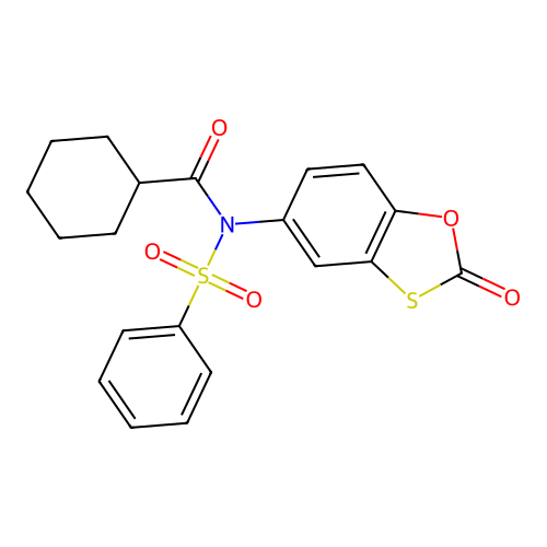 N-(2-oxobenzo[d][1,3]oxathiol-5-yl)-N-(phenylsulfonyl)cyclohexanecarboxamide structure