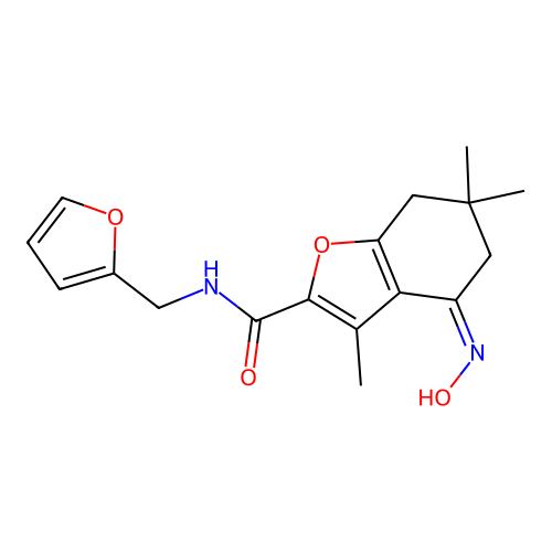 (4E)-N-(furan-2-ylmethyl)-4-(hydroxyimino)-3,6,6-trimethyl-4,5,6,7-tetrahydro-1-benzofuran-2-carboxamide structure