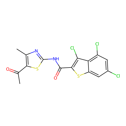 N-(5-acetyl-4-methyl-1,3-thiazol-2-yl)-3,4,6-trichloro-1-benzothiophene-2-carboxamide structure
