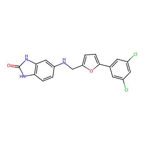 5-({[5-(3,5-dichlorophenyl)furan-2-yl]methyl}amino)-1,3-dihydro-2H-benzimidazol-2-one structure