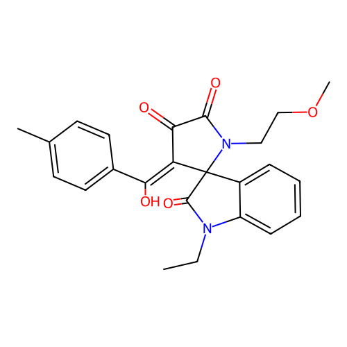 1-ethyl-4'-[hydroxy-(4-methylphenyl)methylidene]-1'-(2-methoxyethyl)spiro[indole-3,5'-pyrrolidine]-2,2',3'-trione structure