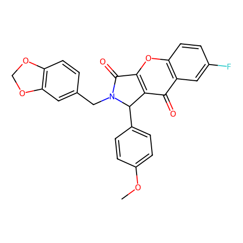 2-(1,3-benzodioxol-5-ylmethyl)-7-fluoro-1-(4-methoxyphenyl)-1,2-dihydrochromeno[2,3-c]pyrrole-3,9-dione structure