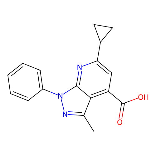 6-cyclopropyl-3-methyl-1-phenyl-1H-pyrazolo[3,4-b]pyridine-4-carboxylic acid structure
