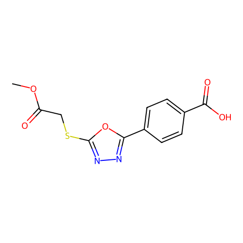 4-{5-[(Methoxycarbonyl)methylthio]-1,3,4-oxadiazol-2-yl}benzoic acid structure