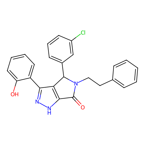 (3Z)-4-(3-chlorophenyl)-3-(6-oxocyclohexa-2,4-dien-1-ylidene)-5-phenethyl-2,4-dihydro-1H-pyrrolo[3,4-c]pyrazol-6-one structure
