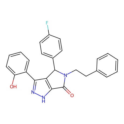 (3Z)-4-(4-fluorophenyl)-3-(6-oxocyclohexa-2,4-dien-1-ylidene)-5-phenethyl-2,4-dihydro-1H-pyrrolo[3,4-c]pyrazol-6-one structure