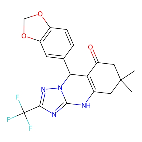 9-(1,3-benzodioxol-5-yl)-6,6-dimethyl-2-(trifluoromethyl)-1,5,7,9-tetrahydro-[1,2,4]triazolo[5,1-b]quinazolin-8-one structure