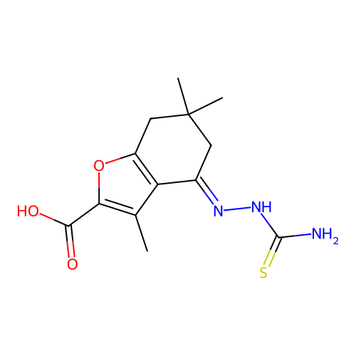 (4E)-4-(2-carbamothioylhydrazinylidene)-3,6,6-trimethyl-4,5,6,7-tetrahydro-1-benzofuran-2-carboxylic acid structure