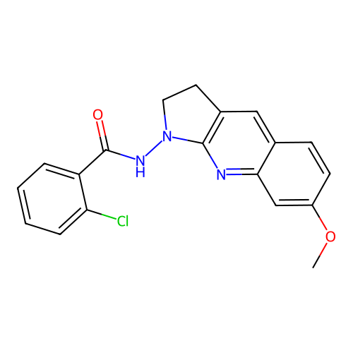 2-chloro-N-(7-methoxy-2,3-dihydro-1H-pyrrolo[2,3-b]quinolin-1-yl)benzamide structure