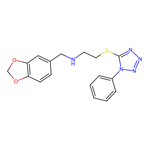 N-(1,3-benzodioxol-5-ylmethyl)-2-[(1-phenyl-1H-tetrazol-5-yl)sulfanyl]ethanamine structure