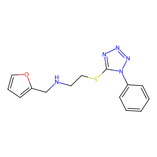 N-(furan-2-ylmethyl)-2-(1-phenyltetrazol-5-yl)sulfanylethanamine structure