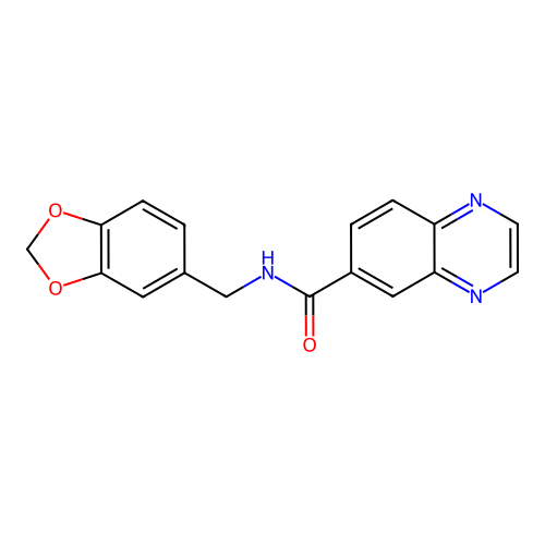 N-(1,3-benzodioxol-5-ylmethyl)quinoxaline-6-carboxamide structure