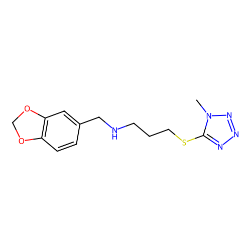 N-(1,3-benzodioxol-5-ylmethyl)-3-(1-methyltetrazol-5-yl)sulfanylpropan-1-amine structure