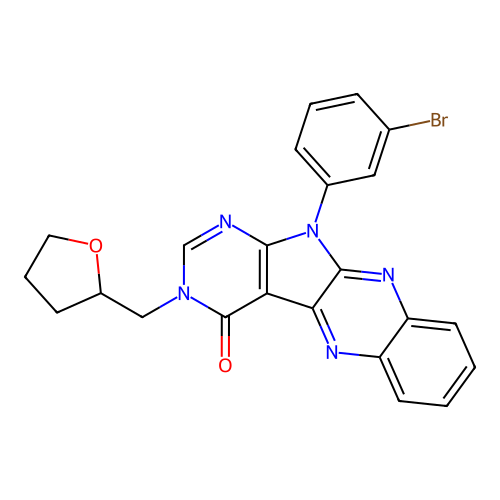 11-(3-bromophenyl)-3-(tetrahydrofuran-2-ylmethyl)-3,11-dihydro-4H-pyrimido[5',4':4,5]pyrrolo[2,3-b]quinoxalin-4-one structure