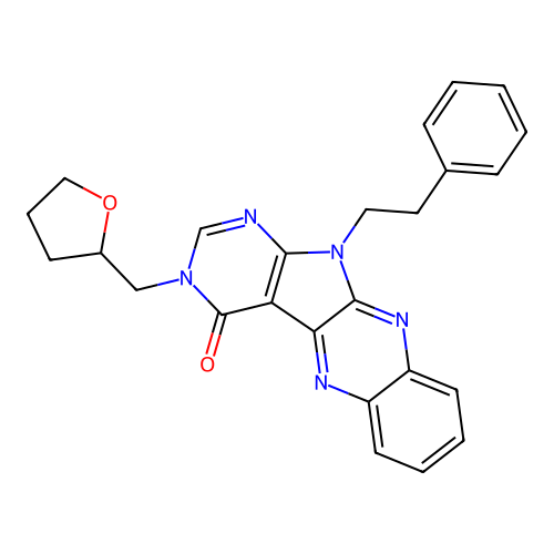 11-(2-phenylethyl)-3-(tetrahydrofuran-2-ylmethyl)-3,11-dihydro-4H-pyrimido[5',4':4,5]pyrrolo[2,3-b]quinoxalin-4-one structure