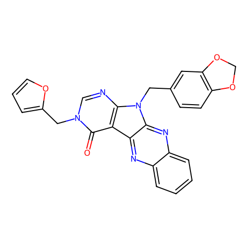 11-(1,3-benzodioxol-5-ylmethyl)-3-(furan-2-ylmethyl)-3,11-dihydro-4H-pyrimido[5',4':4,5]pyrrolo[2,3-b]quinoxalin-4-one structure
