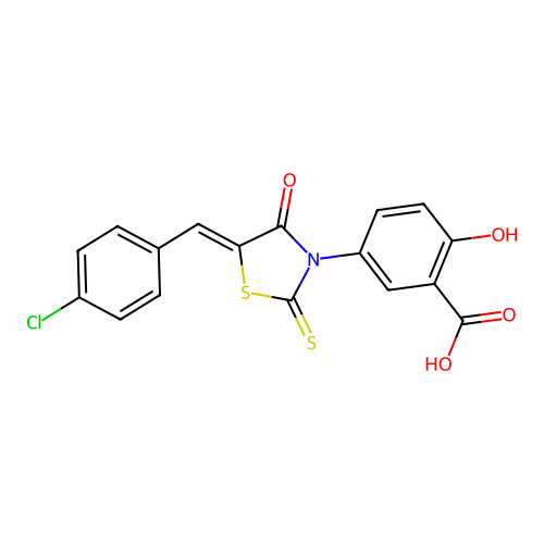 5-[5-[(4-Chlorophenyl)methylene]-4-oxo-2-thioxo-3-thiazolidinyl]-2-hydroxybenzoic acid structure