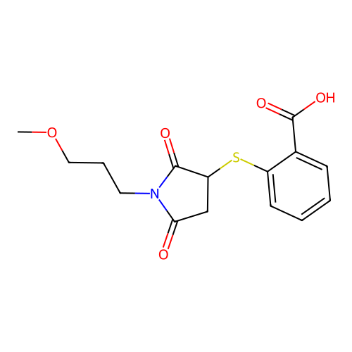 2-((1-(3-Methoxypropyl)-2,5-dioxopyrrolidin-3-yl)thio)benzoic acid structure