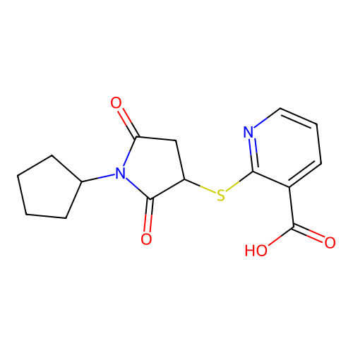 2-((1-Cyclopentyl-2,5-dioxopyrrolidin-3-yl)thio)nicotinic acid structure