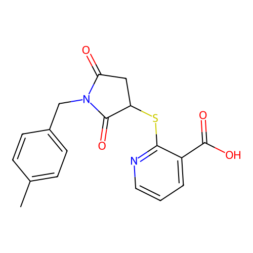 2-((1-(4-Methylbenzyl)-2,5-dioxopyrrolidin-3-yl)thio)nicotinic acid structure