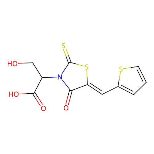 alpha-(Hydroxymethyl)-4-oxo-5-(2-thienylmethylene)-2-thioxo-3-thiazolidineacetic acid structure