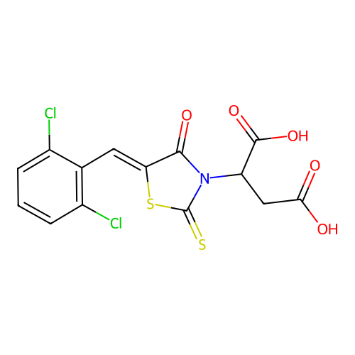 (Z)-2-(5-(2,6-dichlorobenzylidene)-4-oxo-2-thioxothiazolidin-3-yl)succinic acid structure