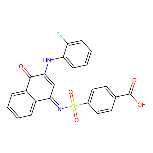 4-(N-(3-((2-Fluorophenyl)amino)-4-oxonaphthalen-1(4H)-ylidene)sulfamoyl)benzoic acid structure