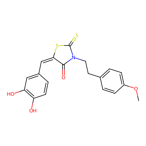 (E)-5-(3,4-dihydroxybenzylidene)-3-(4-methoxyphenethyl)-2-thioxothiazolidin-4-one structure
