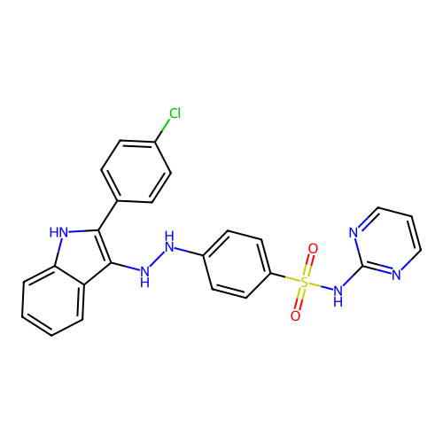 Benzenesulfonamide, 4-(2-(2-(4-chlorophenyl)-1H-indol-3-yl)hydrazino)-N-2-pyrimidinyl- structure