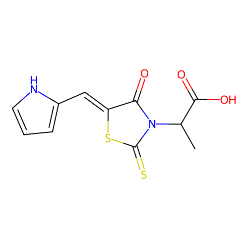 2-[(5Z)-4-oxo-5-[(1H-pyrrol-2-yl)methylidene]-2-sulfanylidene-1,3-thiazolidin-3-yl]propanoic acid structure