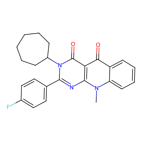3-cycloheptyl-2-(4-fluorophenyl)-10-methylpyrimido[4,5-b]quinoline-4,5(3H,10H)-dione structure