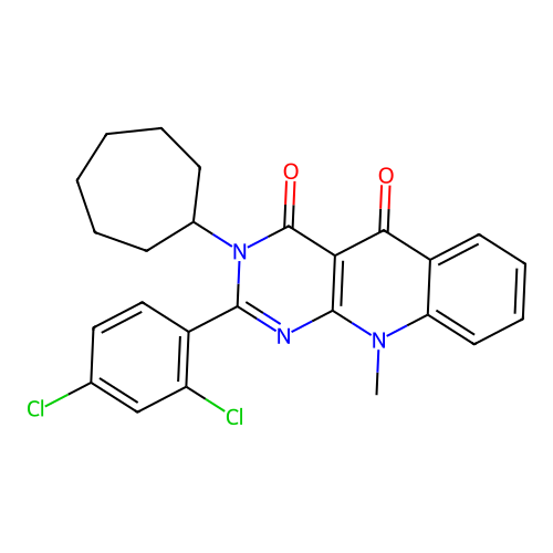 3-cycloheptyl-2-(2,4-dichlorophenyl)-10-methylpyrimido[4,5-b]quinoline-4,5(3H,10H)-dione structure