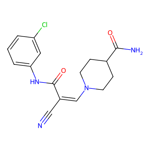 1-[3-(3-chloroanilino)-2-cyano-3-oxoprop-1-enyl]piperidine-4-carboxamide structure