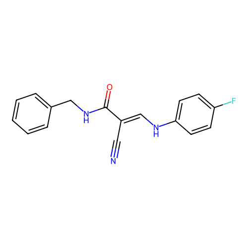(2E)-N-benzyl-2-cyano-3-[(4-fluorophenyl)amino]prop-2-enamide structure