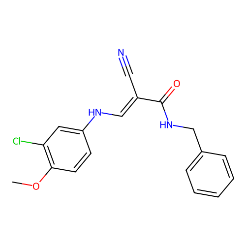 (2E)-N-benzyl-3-[(3-chloro-4-methoxyphenyl)amino]-2-cyanoprop-2-enamide structure