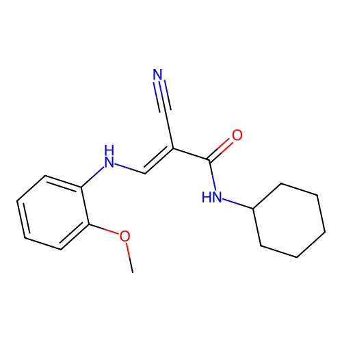 (2E)-2-cyano-N-cyclohexyl-3-[(2-methoxyphenyl)amino]prop-2-enamide structure