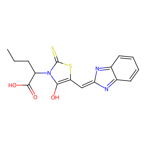 (Z)-2-(5-((1H-benzo[d]imidazol-2-yl)methylene)-4-oxo-2-thioxothiazolidin-3-yl)pentanoic acid structure