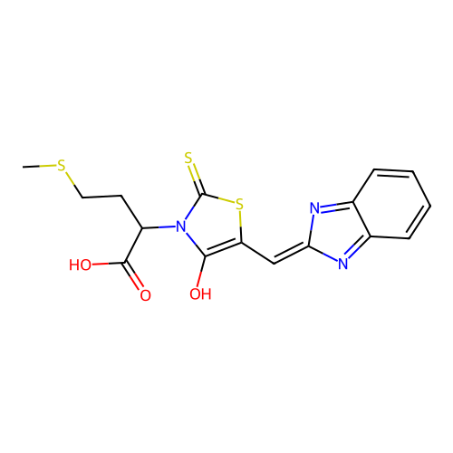 (Z)-2-(5-((1H-benzo[d]imidazol-2-yl)methylene)-4-oxo-2-thioxothiazolidin-3-yl)-4-(methylthio)butanoic acid structure