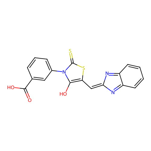 3-[(5Z)-5-(1H-benzimidazol-2-ylmethylidene)-4-oxo-2-sulfanylidene-1,3-thiazolidin-3-yl]benzoic acid structure