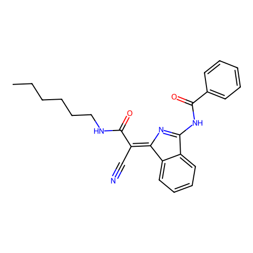 N-[(3Z)-3-[1-cyano-2-(hexylamino)-2-oxoethylidene]isoindol-1-yl]benzamide structure