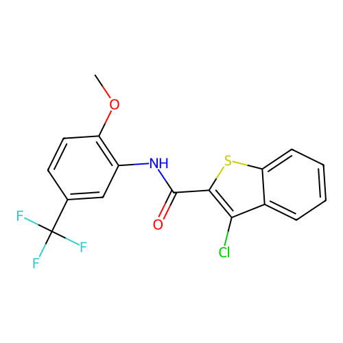 3-chloro-N-[2-methoxy-5-(trifluoromethyl)phenyl]-1-benzothiophene-2-carboxamide structure