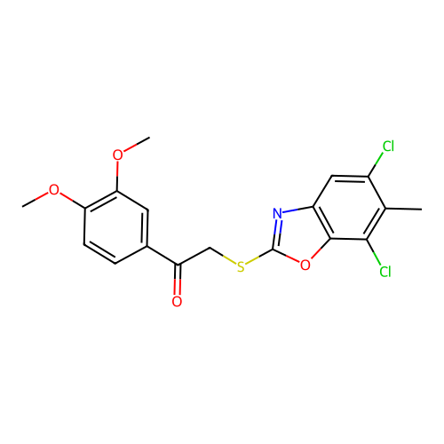 2-[(5,7-dichloro-6-methyl-1,3-benzoxazol-2-yl)sulfanyl]-1-(3,4-dimethoxyphenyl)ethanone structure