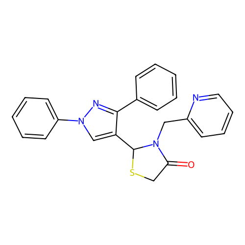 2-(1,3-diphenyl-1H-pyrazol-4-yl)-3-[(pyridin-2-yl)methyl]-1,3-thiazolidin-4-one structure