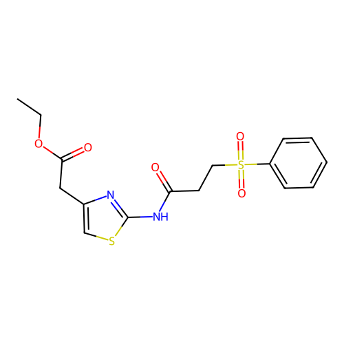 Ethyl 2-(2-(3-(phenylsulfonyl)propanamido)thiazol-4-yl)acetate structure