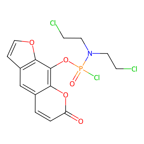 9-[Bis(2-chloroethyl)amino-chlorophosphoryl]oxyfuro[3,2-g]chromen-7-one structure