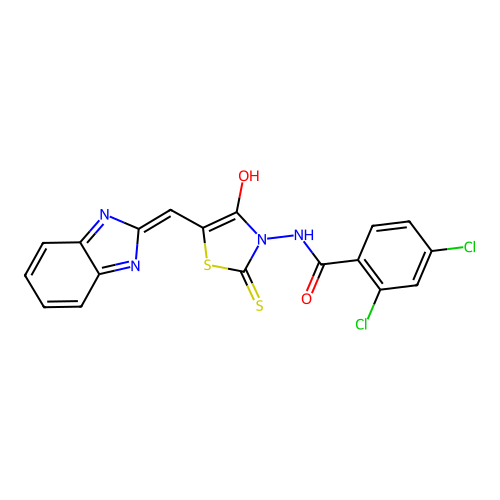 N-[(5E)-5-(1H-benzimidazol-2-ylmethylidene)-4-oxo-2-thioxo-1,3-thiazolidin-3-yl]-2,4-dichlorobenzamide structure
